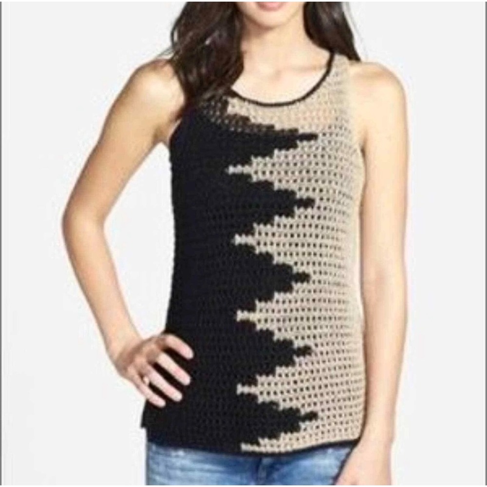 Lucky Brand Crochet Knit Tank Top Womens XS Black Tan Button Back Boho Festival